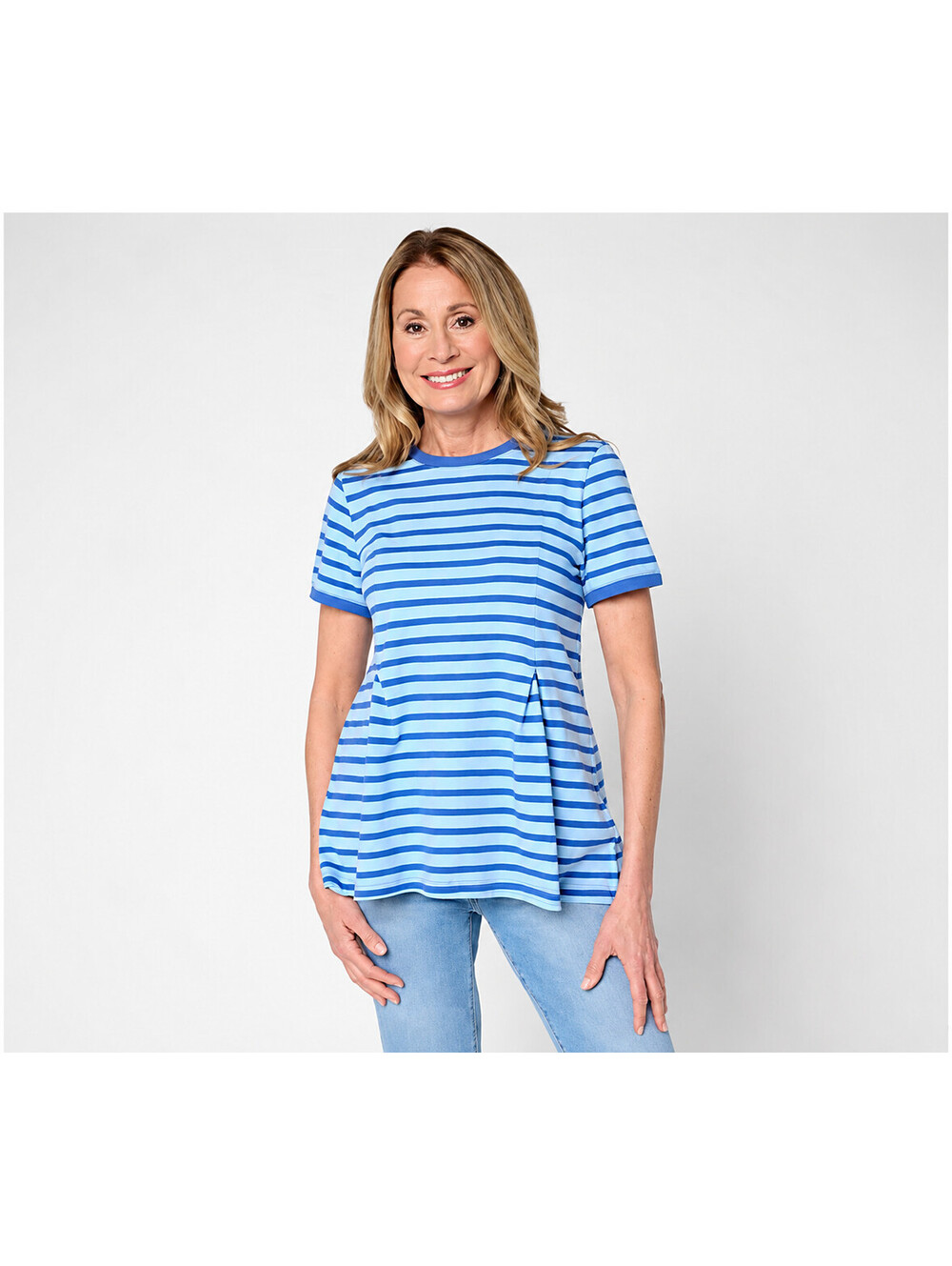 LOGO by Lori Goldstein Pleated Tee with Contrast Rib Trim Indigo, Size Medium